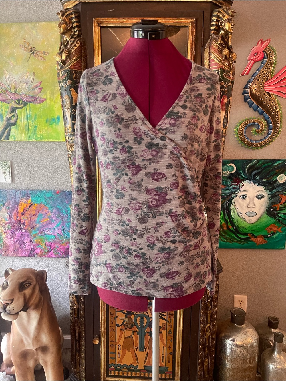 Rock & Republic Mauve and Gray Floral Wrap-Front Top